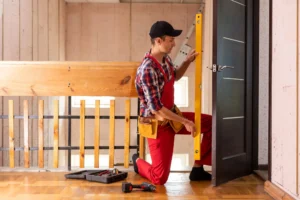 Contractor inspecting an existing door frame to determine if a door slab can be replaced without full frame replacement